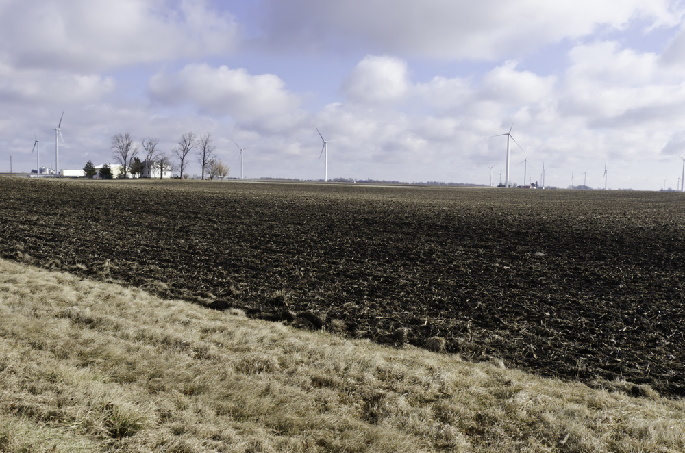 Wind farm around agricultural farms in northern Illinois, early February